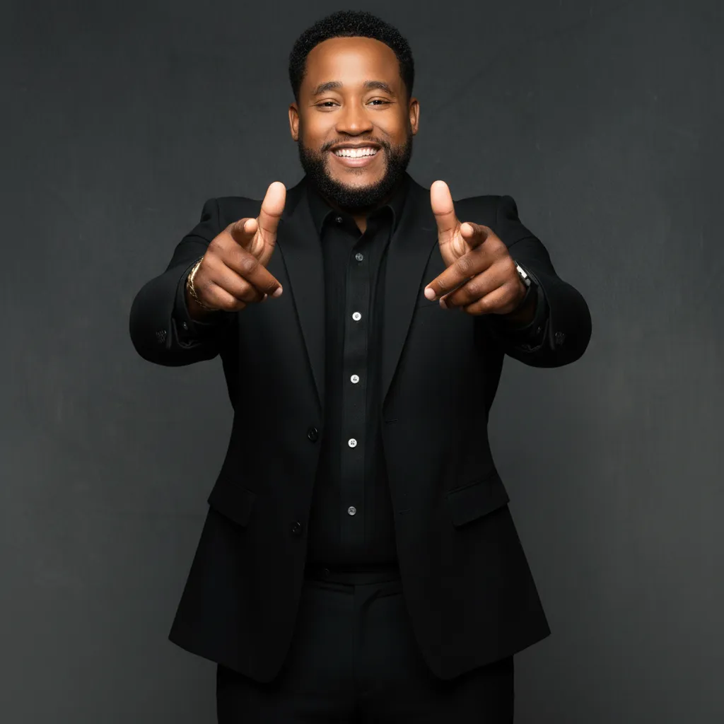 DJ KMBRK in a black suit pointing with both hands