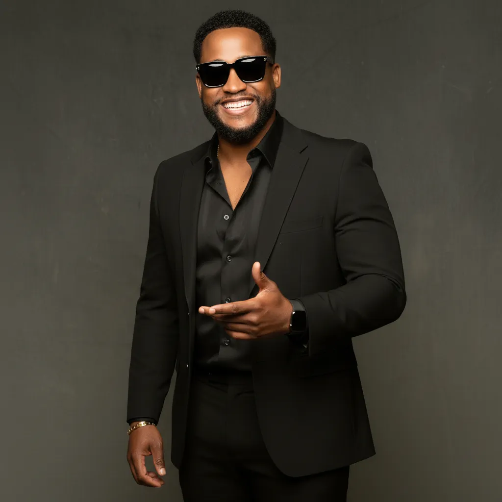 DJ KMBRK in a black suit and sunglasses, pointing