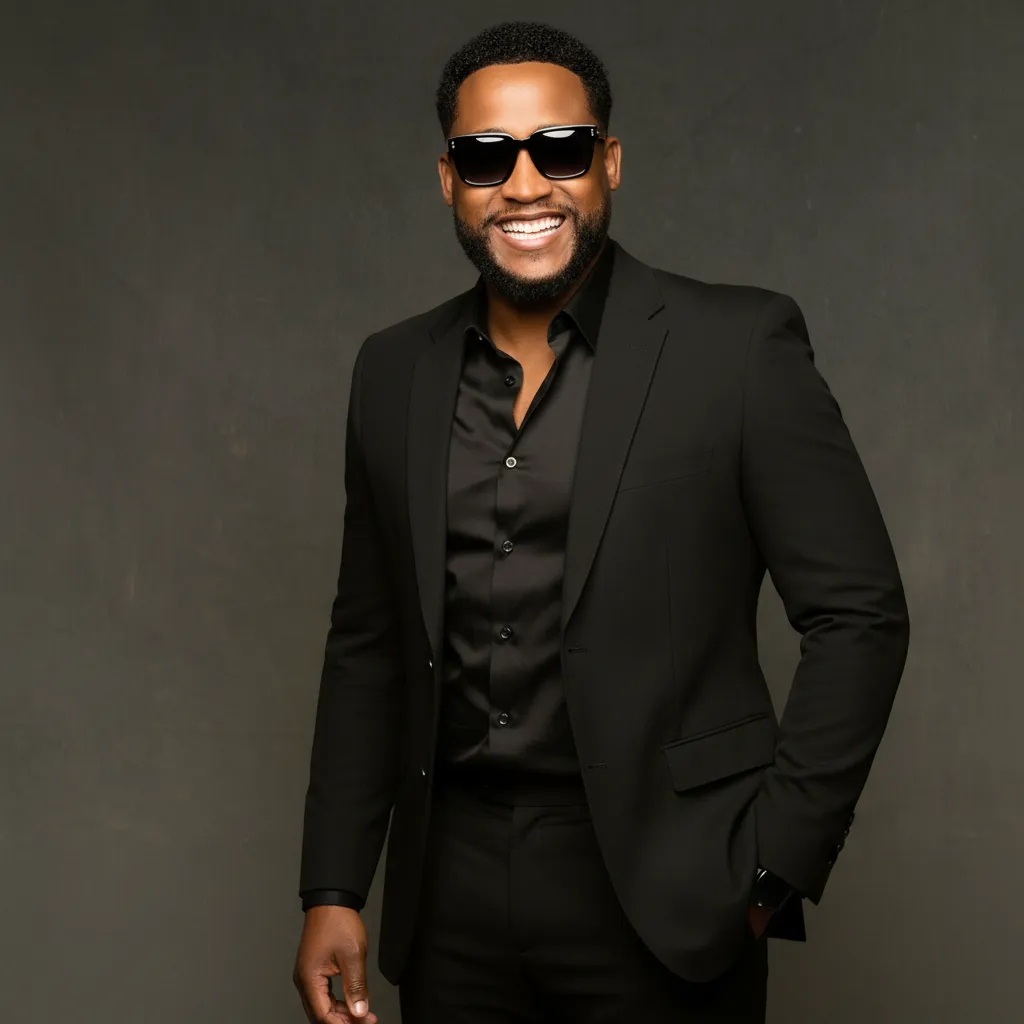 DJ KMBRK in a black suit and sunglasses