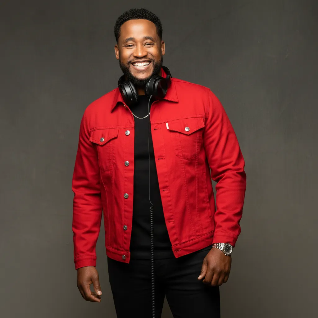 DJ KMBRK in a red jacket with headphones around his neck
