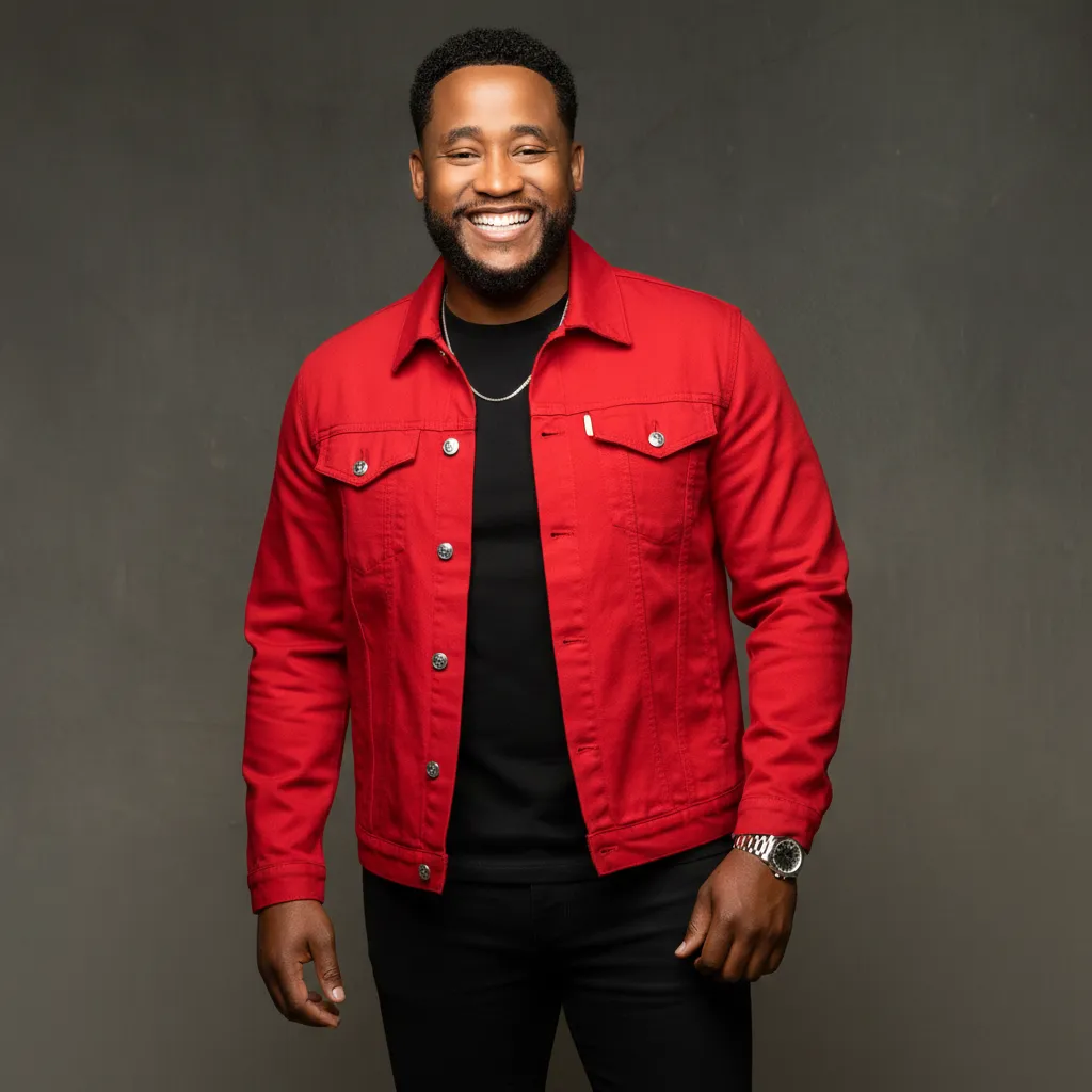 DJ KMBRK in a red denim jacket