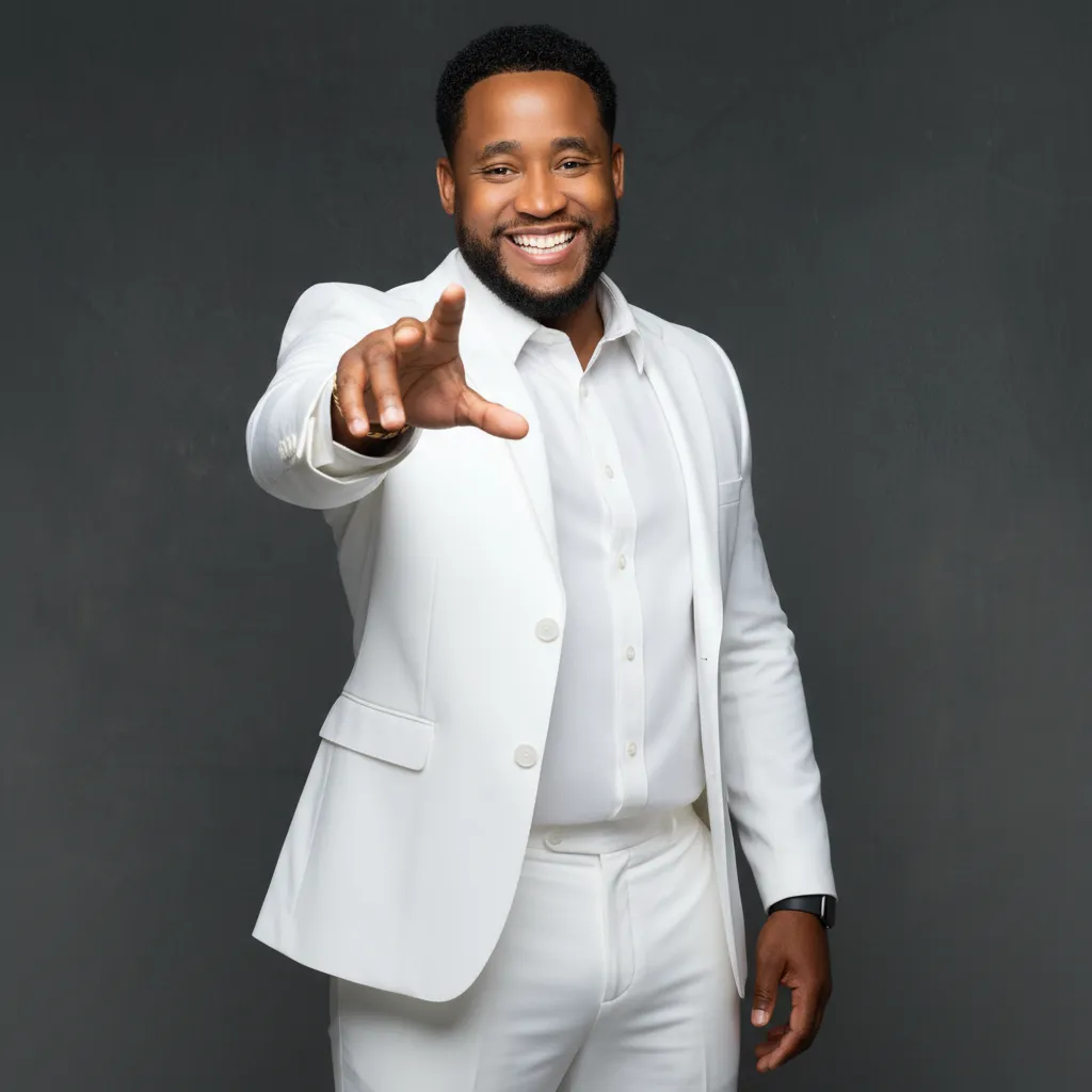 DJ KMBRK in a white suit reaching toward the camera