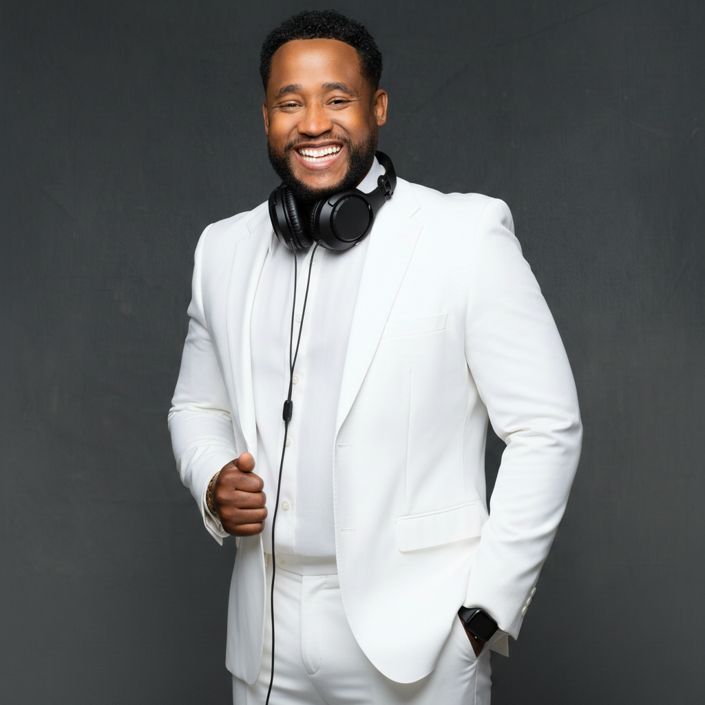 DJ KMBRK in a white suit, pointing at the camera
